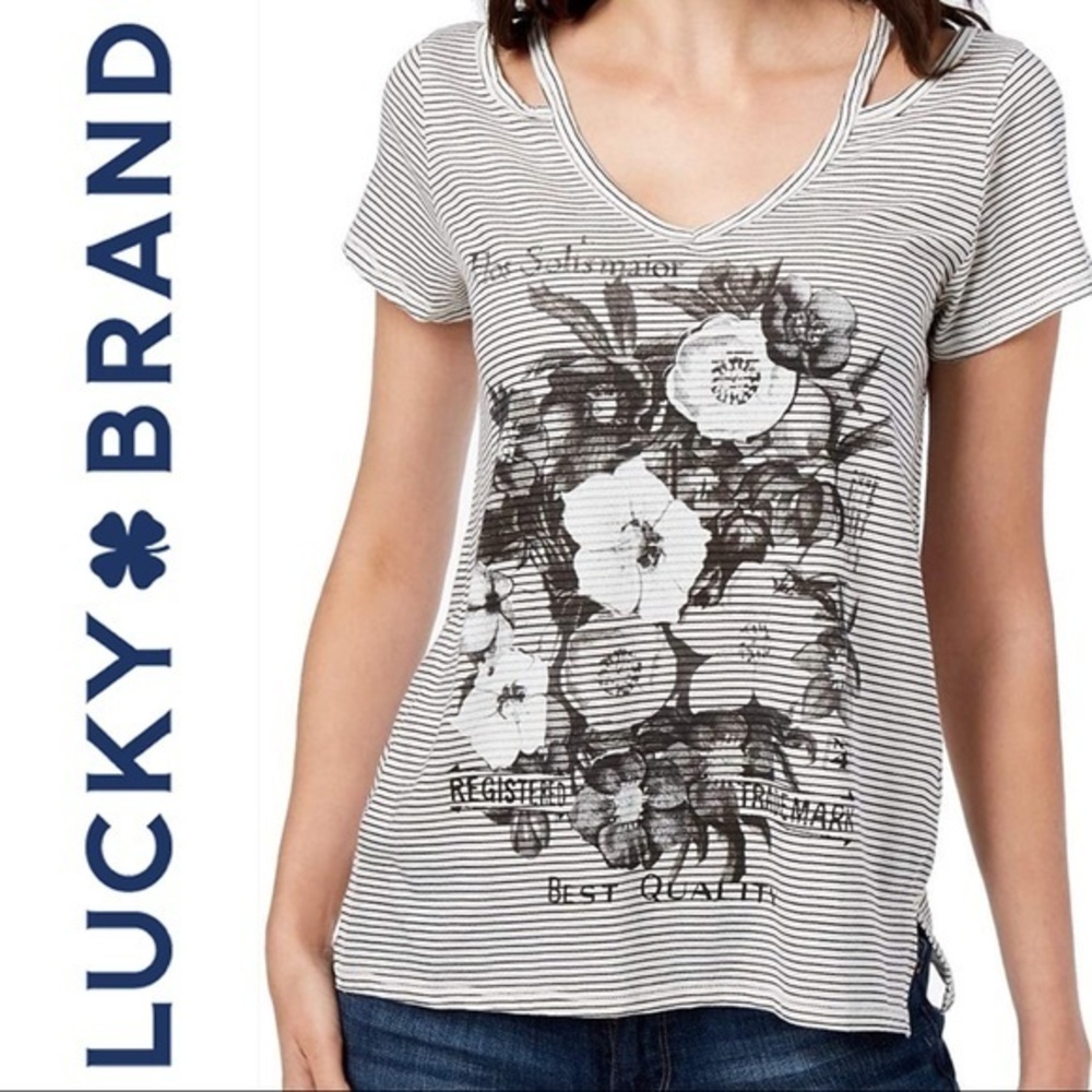 Lucky Brand Black Flowers Striped Shoulder Cut Out